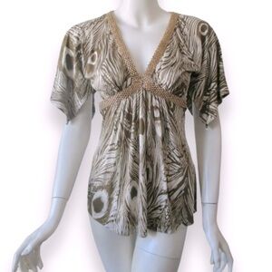 SKY TOP Y2K 100% silk blouse short sleeve feather print cream taupe tan sz S